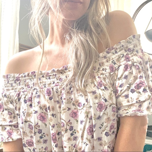 Rewind Tops - REWIND Cream Pink Purple Floral Off Shoulder Prairie Hippie Boho Top